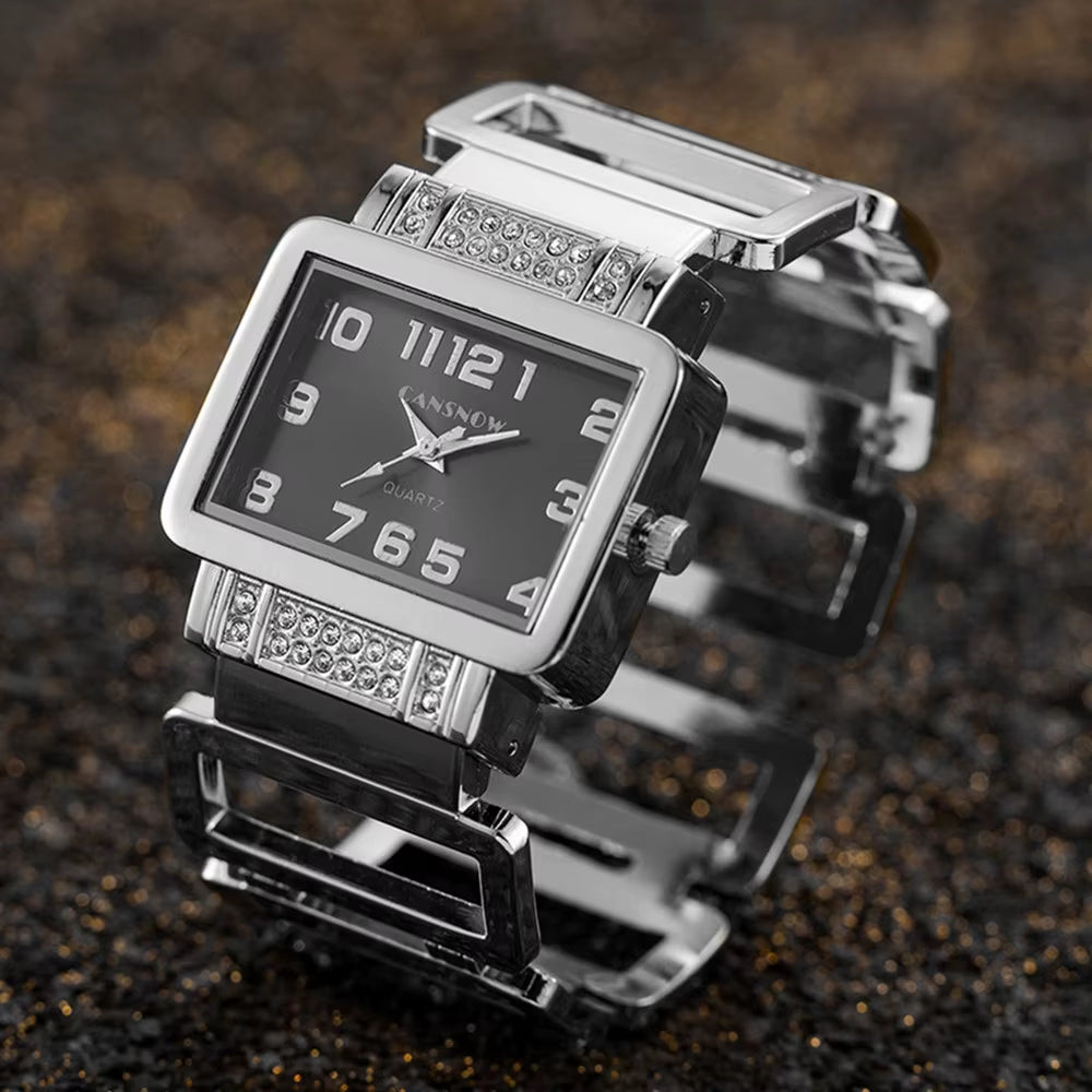 Luxury Elegant Hollow Rectangle Rhinestone Ladies Steel Quartz Wristwatch Gold Silver Bangle Watches for Women Female Fashion Cl