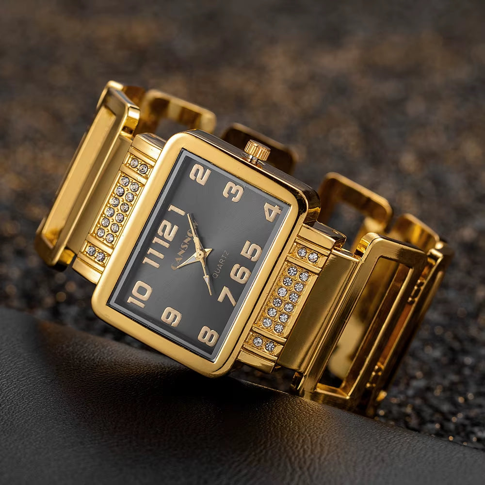 Luxury Elegant Hollow Rectangle Rhinestone Ladies Steel Quartz Wristwatch Gold Silver Bangle Watches for Women Female Fashion Cl