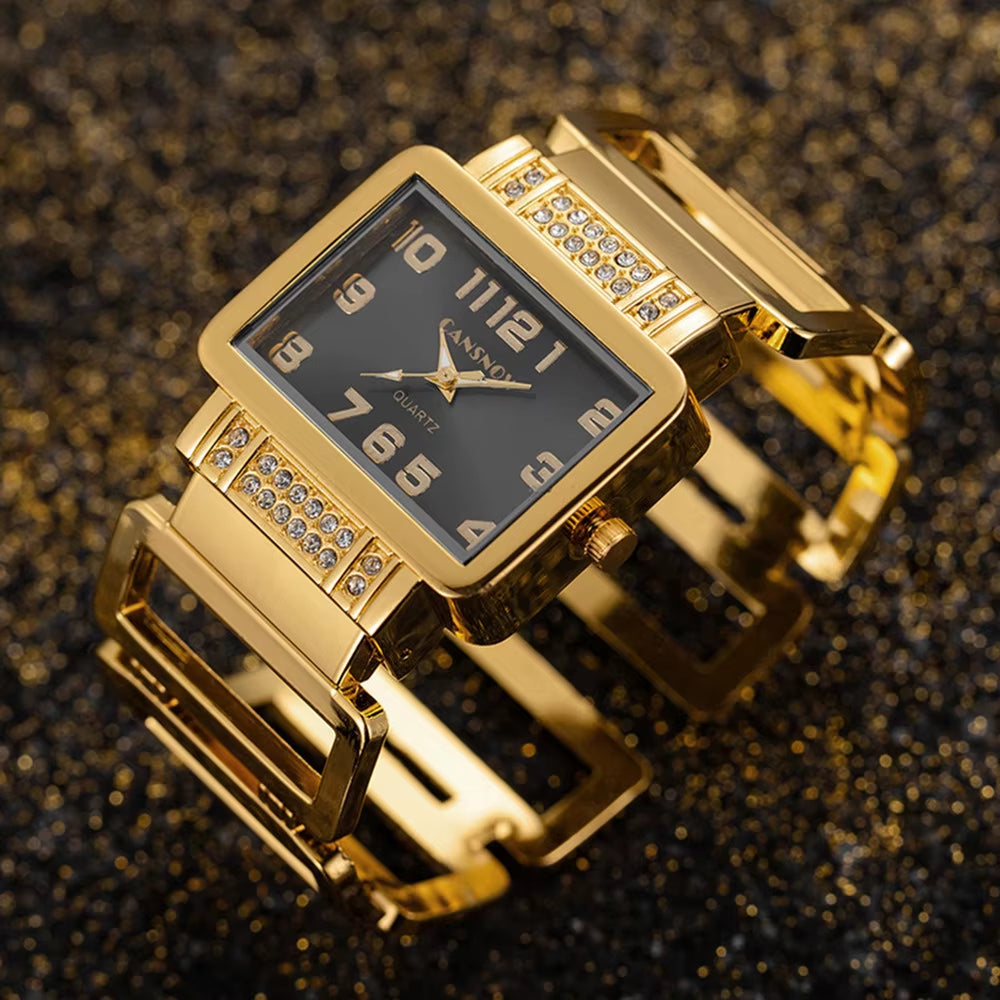 Luxury Elegant Hollow Rectangle Rhinestone Ladies Steel Quartz Wristwatch Gold Silver Bangle Watches for Women Female Fashion Cl